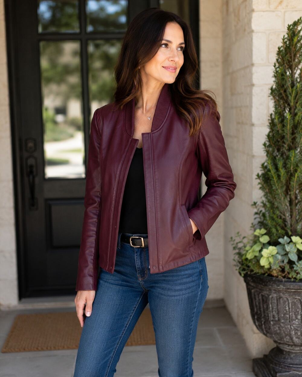 J. Dosi Sheepskin Leather Jacket Womens 3 Burgundy Wine Rib Knit Moto